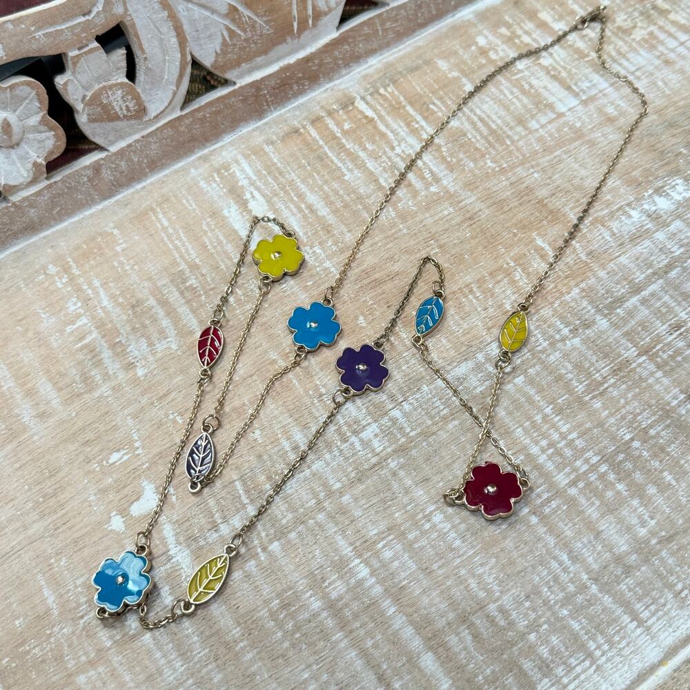 Enamel Flower Leaf Station Necklace Gold Tone Multi Color Clover Layering Chain